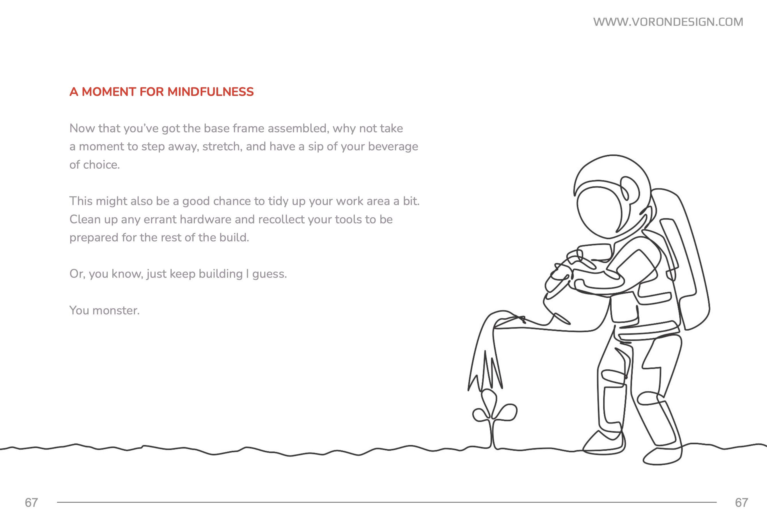Voron 0 instruction manual instructing a moment for mindfulness